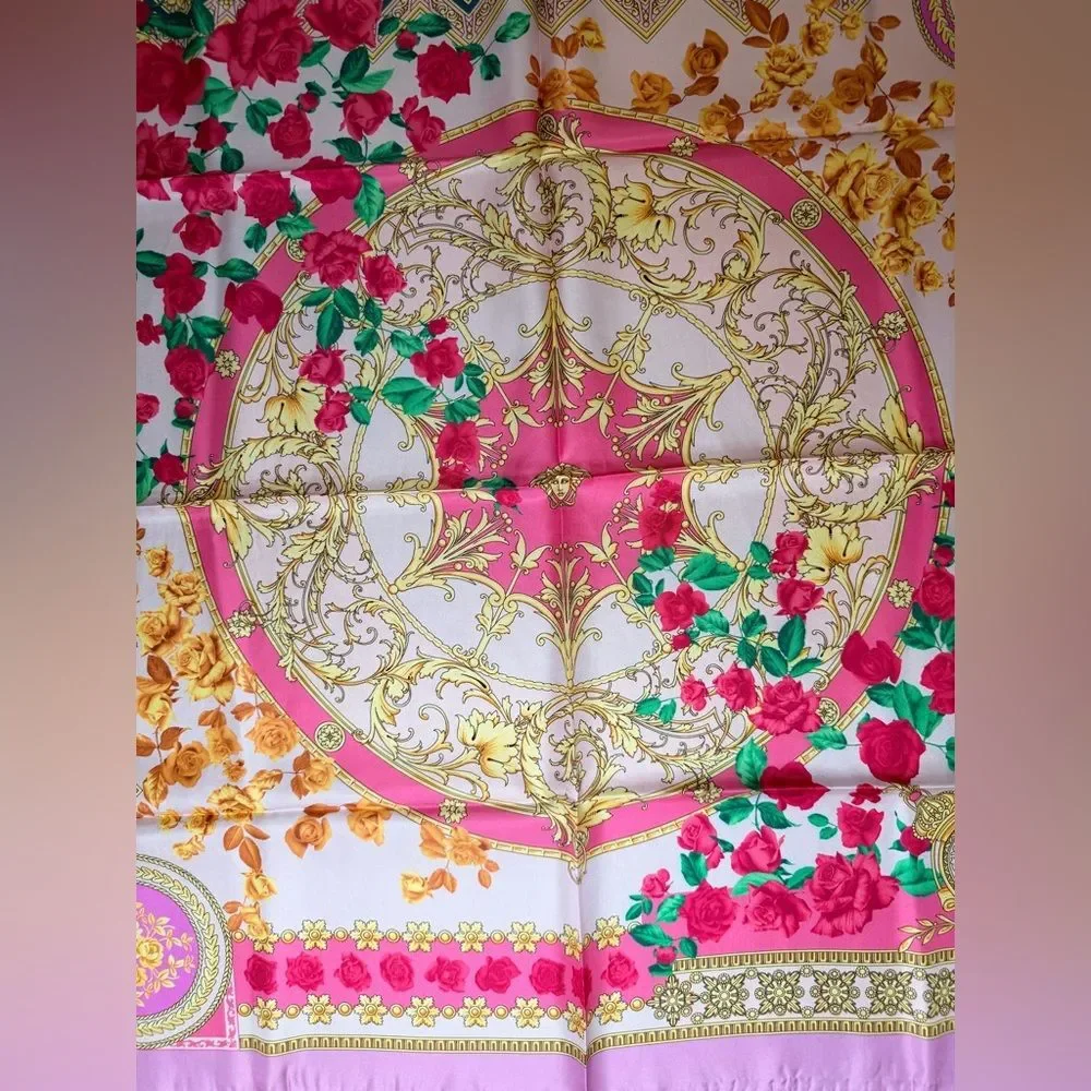 NEW IN BOX ✨ VERSACE SILK TWILL Medusa Hot Pink Roses & Gold Large Scarf